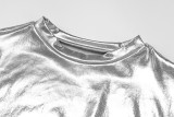 Women's Spring Fashion Metallic Round Neck Short Sleeve Tight Fitting T-Shirt Top