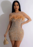 Sexy fashion Beaded solid color mesh feather nightclub party dress