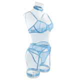 Sexy Mesh Comfortable Slimming Gathered Sexy Lingerie Four-piece Set with Steel Ring