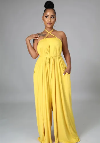 Solid Color Summer Sleeveless Slim Waist Wrapped Breast Loose Wide Leg Women's Jumpsuit