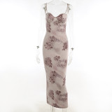 Sling Plunging Floral Print Maxi Dress Women's Chic Slim Waist Dress