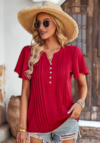 Einfarbiges Sommer-Shirt mit V-Ausschnitt für Damen, lockeres, lässiges Kurzarm-Top