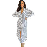 Spring Long Sleeve Striped Printed Loose Casual Maxi Dress