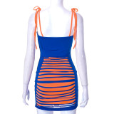 Women's Summer Sexy Halter Colorblock Sleeveless Lace-Up Slim Short Dress