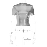 Women's Spring Fashion Metallic Round Neck Short Sleeve Tight Fitting T-Shirt Top