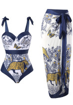 Einteiliger Badeanzug mit französischem Vintage-Print für Damen, Spa, Urlaub, Strandkleid, zweiteiliger Badeanzug