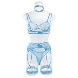 Sexy Mesh Comfortable Slimming Gathered Sexy Lingerie Four-piece Set with Steel Ring