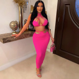 Sexy tie top and skirt female solid color two piece set