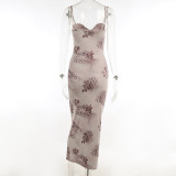 Sling Plunging Floral Print Maxi Dress Women's Chic Slim Waist Dress