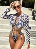 Sexy striped printed shirt collar mesh Three-Piece swimsuit bikini