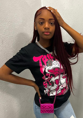 Moda trendy marka kadın mantar grafiti baskılı tişört