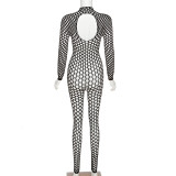 Spring Ladies Solid Color Long Sleeve Fishnet Cutout Round Neck Slim High Waist Bodycon Jumpsuit