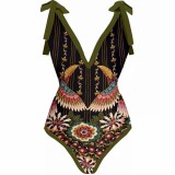 French Vintage Print One Piece Swimsuit Women Spa Holidays Beach Dress Two Piece Swimsuit