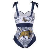 French Vintage Print One-Piece Swimsuit Women's Spa Holidays Beach Dress Two-Piece Swimsuit