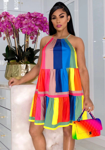 Damen-Sommer-Regenbogen-Streifen-Trägerkleid
