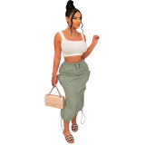 Solid color elastic waist with large pockets midi skirt