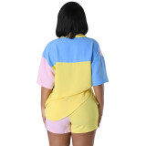Women's Spring Summer Color Block Patchwork Short Sleeve Shirt Pocket Short Two Piece Set