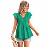 Solid Color Hollow Shirt Women's Summer Chic Career V-Neck Top