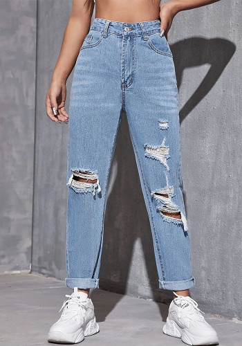 Рваные джинсы в модном женском стиле Джинсовые прямые брюки