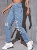 Women's Fashion Style Ripped Jeans Denim Straight Leg Pants