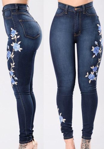 Джинсовые брюки Вышитые эластичные брюки-карандаш Брюки с высокой талией Женские джинсы