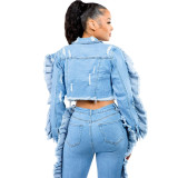 Trendy Patchwork Denim Ripped Cropped Jacket