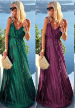Frühlings-Sommer-reizvolles Träger-Maxi-Kleid mit Gürtel, lockeres Swing-Kleid