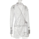 Sexy Sequin Mesh Shirt Dress Fashion Turndown Collar Belted Chic Loose Sexy Dress