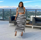 Women's Summer Fashion Black And White Striped Sleeveless Tank Top Ruffle Skirt Two-Piece Set