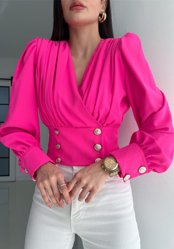 Женская сексуальная рубашка с длинными рукавами и короткими рукавами с v-образным вырезом и тонкой талией с пышными рукавами, однотонная плиссированная рубашка