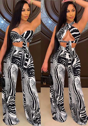 Women's Sexy Print Halter Lace-Up Top Wide Leg Pants Set Sexy Two Piece Women's Nightclub Clothes