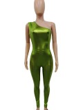 Sexy One Shoulder Solid Color Sleeveless Slim Fitted Pu Leather Jumpsuit