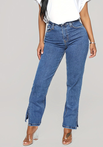 Dames stijlvolle jeans denim broek met rechte pijpen en split leg