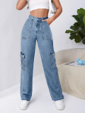 Women Fashion Style Denim Straight Cargo Pants Casual Jeans