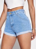 Inelastic Denim Shorts Women's Summer Solid Color Curled Denim Shorts