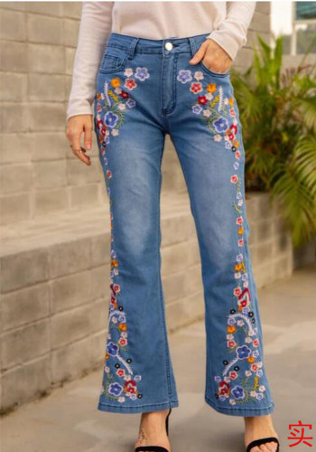Women's Denim Pants Embroidered Slim Fit Washed Bell Bottom Pants Flare Jeans
