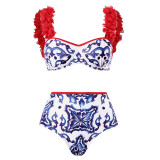 Three-Piece Swimsuit Blue And White Print High Waist Two Pieces Red Petal Bikini Swimwear With Cover Up Skirt