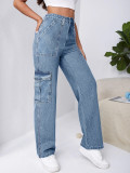 Women Fashion Style Denim Straight Cargo Pants Casual Jeans