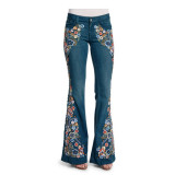 Women's Denim Pants Embroidered Slim Fit Washed Bell Bottom Pants Flare Jeans