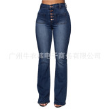 Ladies Fashion Jeans Button Patch Pockets Wash Trousers Denim Pants