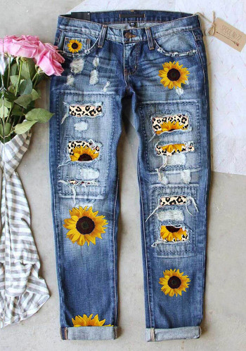 Jeans Plus Size Denim Pant Women's Casual Ripped Print Mid Rise Trousers