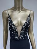Sexy Deep V Nenk Rhinestone Beaded Diamond Chain Tassel Slit Evening Dress