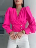 Women's V-Neck Sexy Long-Sleeved Short Slim Waist Puff Sleeve Solid Color Pleated Shirt