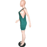 Women's Clothing Denim Solid Color Straps Buckle Zipper Dress Casual Mini Dress