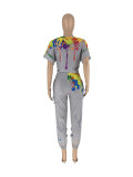 Women's Summer Fashion Tie-Dye Print Hollow Out Short Sleeve Two-Piece Pants Set