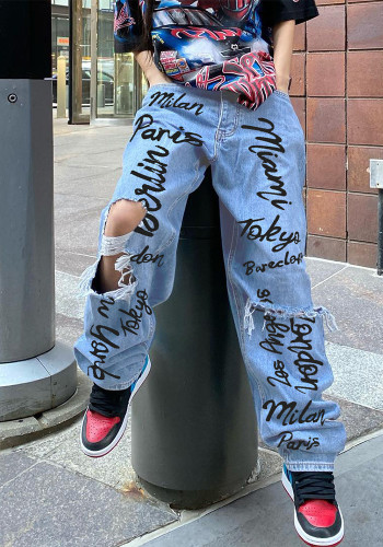 Pantaloni in denim Hip Hop Street strappati con stampa di lettere