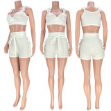 Summer Sexy Women's Dress Ruffle V Low Back Solid Color Two-Piece Shorts Set