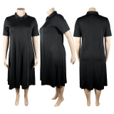 Plus Size Women's Solid Color Turndown Collar Zipper Short Sleeve Casual Loose Shirt Dress