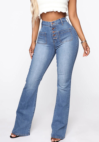 Dames Mode Jeans Knoop Opgestikte Zakken Wassen Broeken Denim Broeken