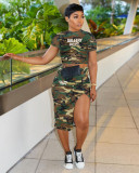 Women's Street Trend Camouflage Floral Slit Bodycon Mini Skirt Short Sleeve Set